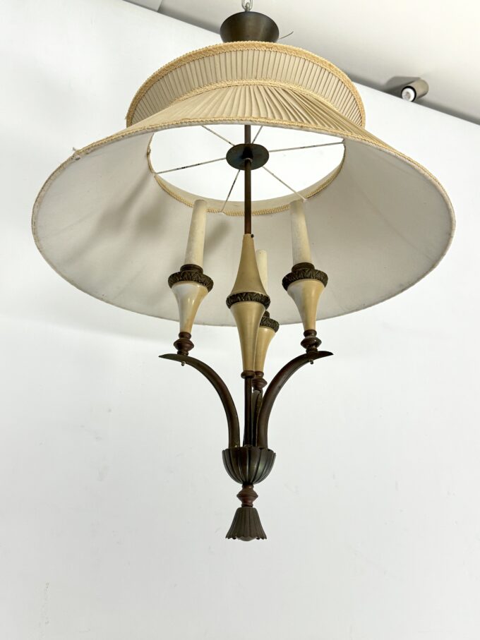 Mid-Century brass chandelier with fabric lampshade. Italy 1950s