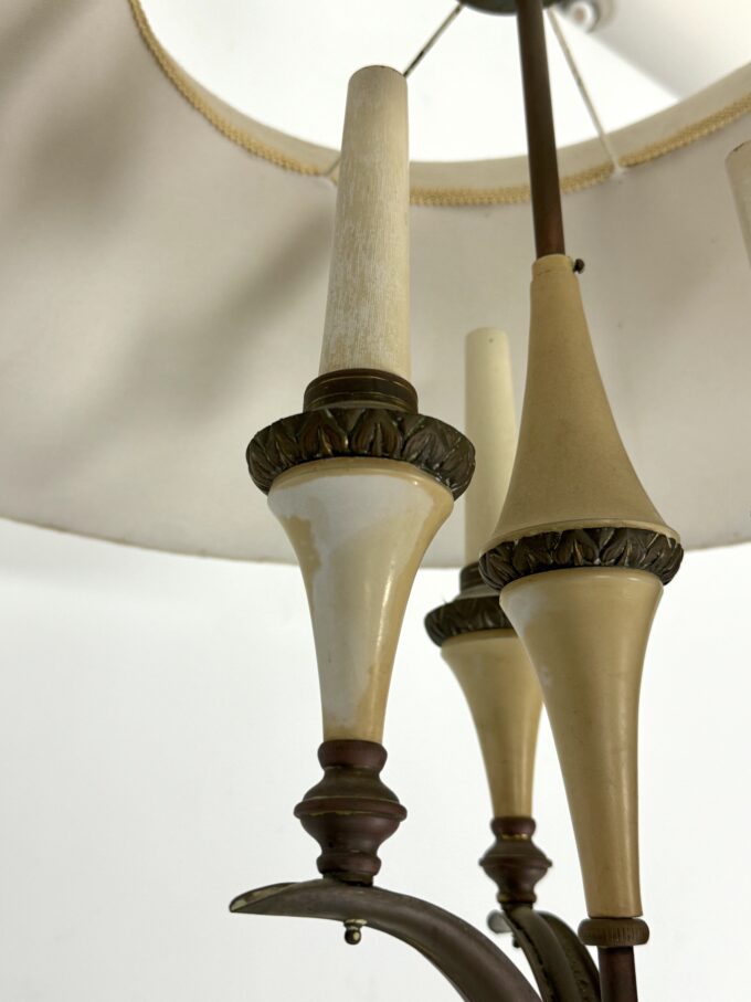 Mid-Century brass chandelier with fabric lampshade. Italy 1950s