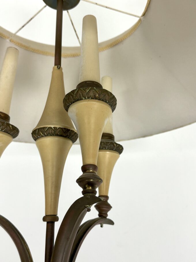 Mid-Century brass chandelier with fabric lampshade. Italy 1950s