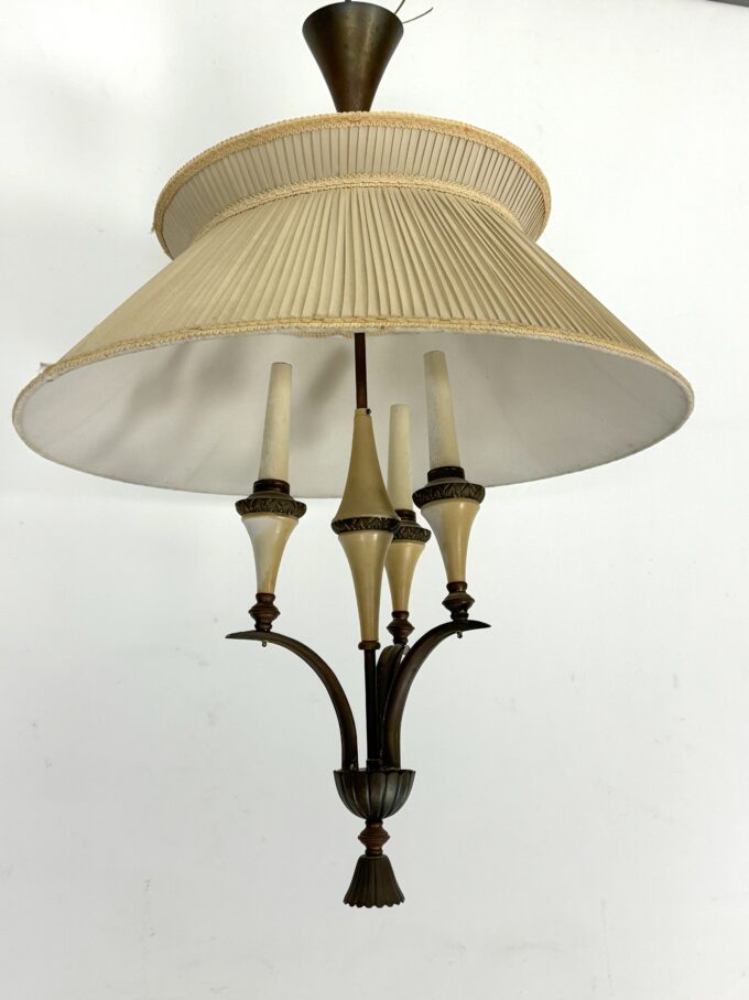 Mid-Century brass chandelier with fabric lampshade. Italy 1950s