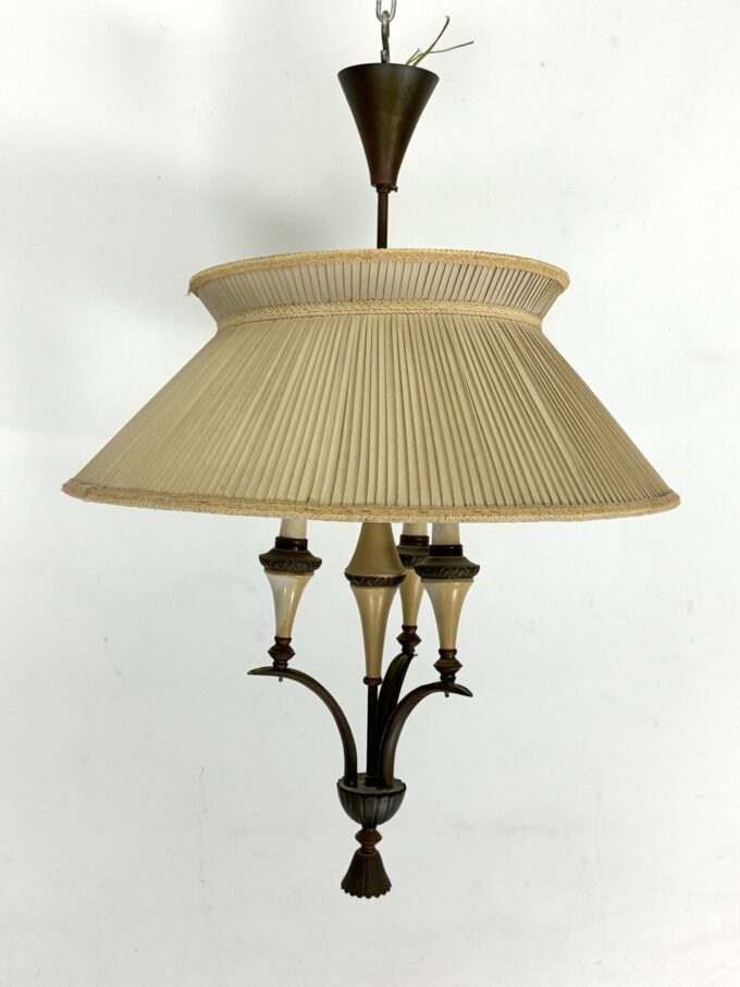 Mid-Century brass chandelier with fabric lampshade. Italy 1950s