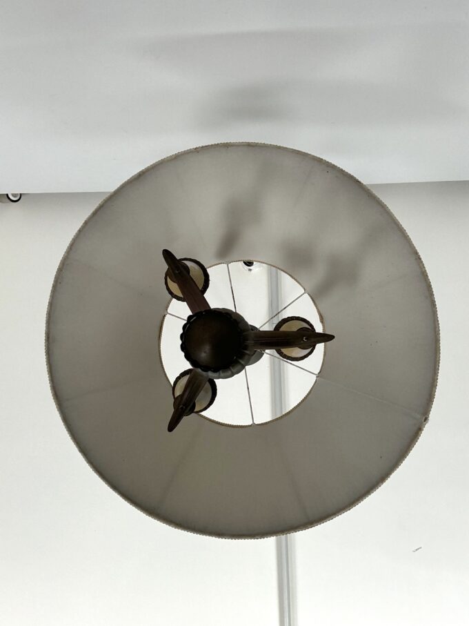 Mid-Century brass chandelier with fabric lampshade. Italy 1950s