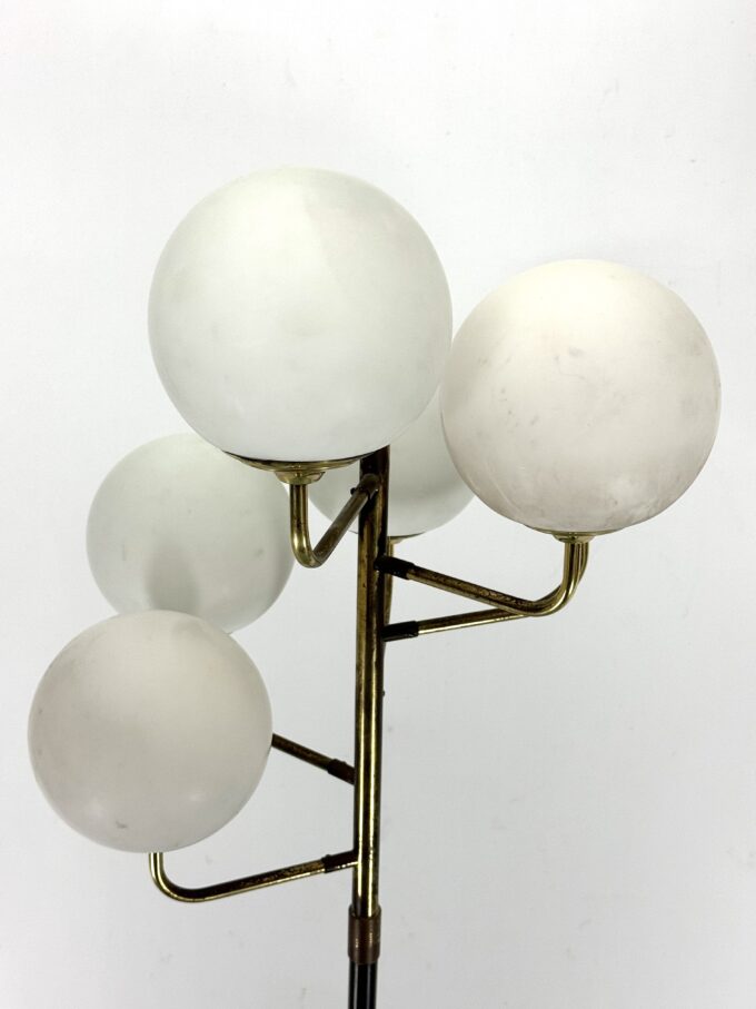 Mid-Century brass and opaline glass six arms floor lamp by Stilnovo. Italy 1950s
