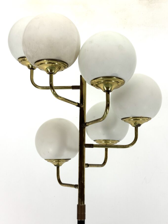 Mid-Century brass and opaline glass six arms floor lamp by Stilnovo. Italy 1950s