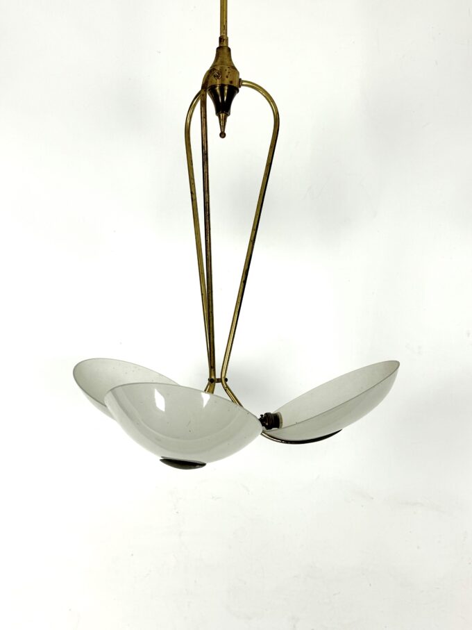 Vintage Italian brass and curved glass chandelier from 1950s