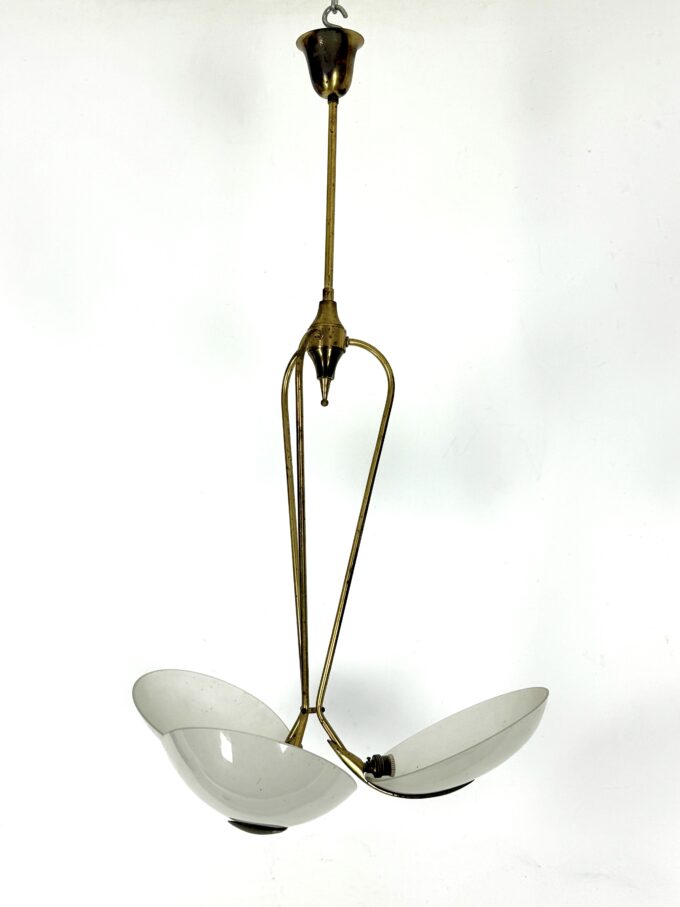 Vintage Italian brass and curved glass chandelier from 1950s