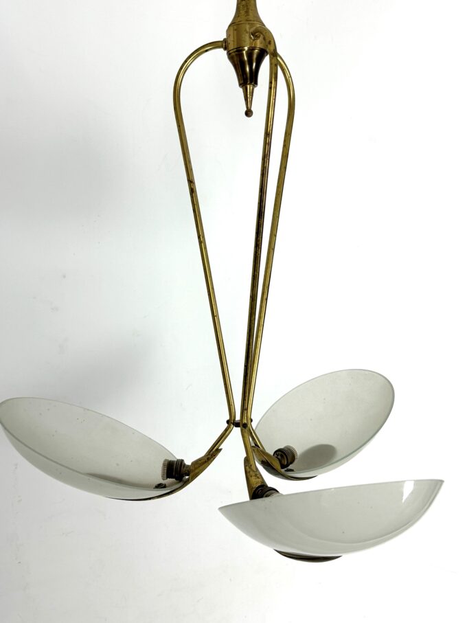 Vintage Italian brass and curved glass chandelier from 1950s