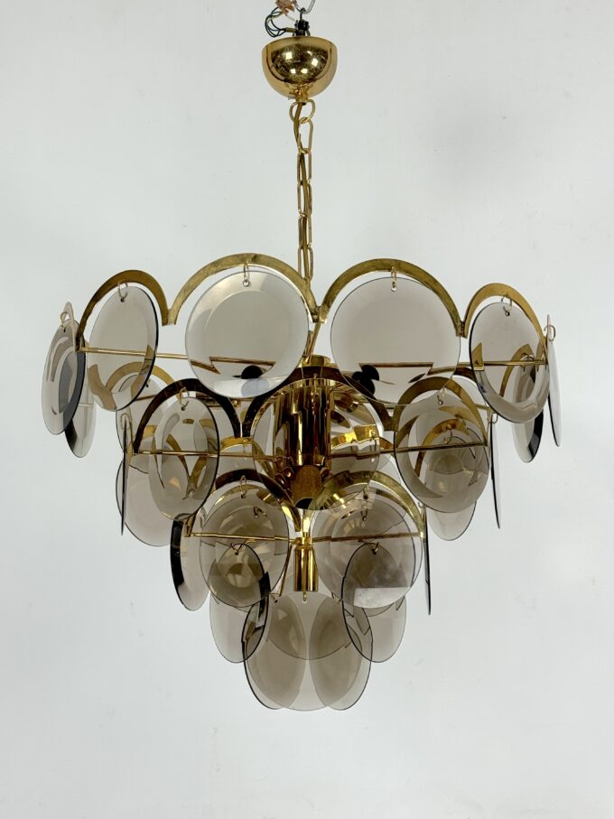 Large Vistosi Fumè Disc glass Chandelier from 70s