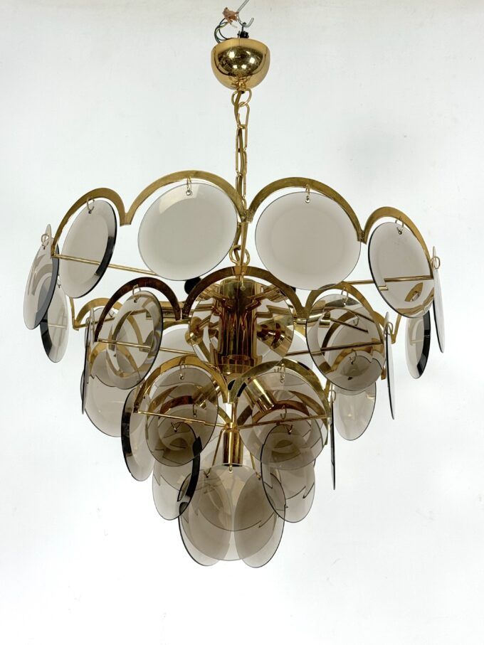 Large Vistosi Fumè Disc glass Chandelier from 70s