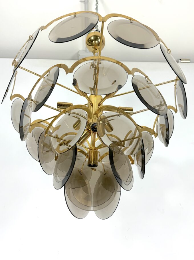 Large Vistosi Fumè Disc glass Chandelier from 70s