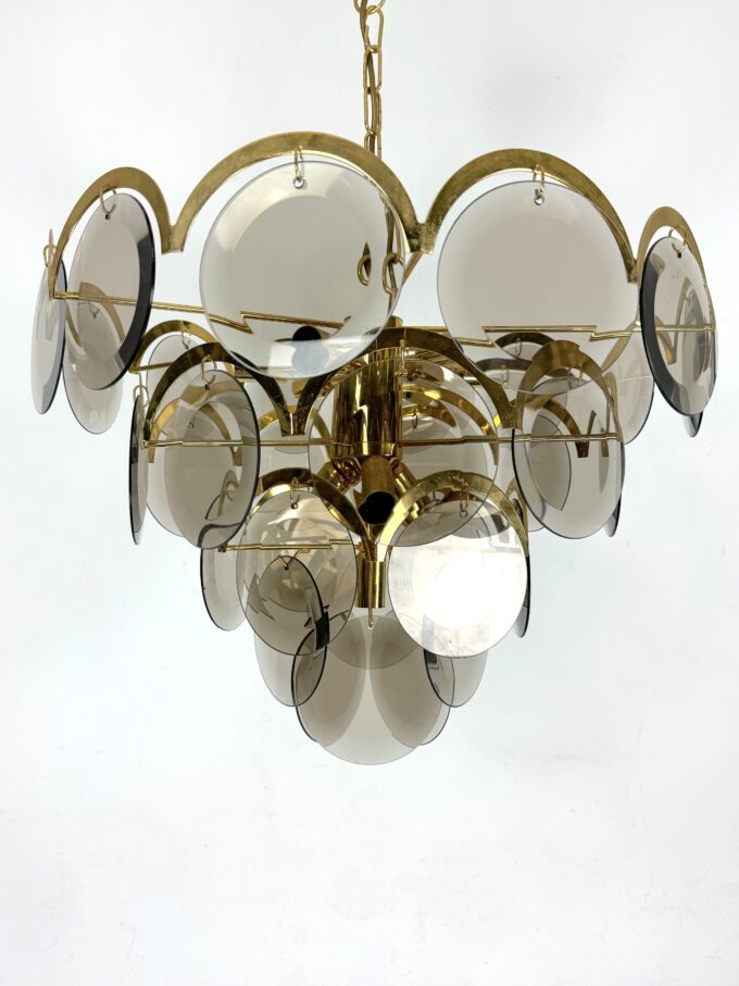 Large Vistosi Fumè Disc glass Chandelier from 70s