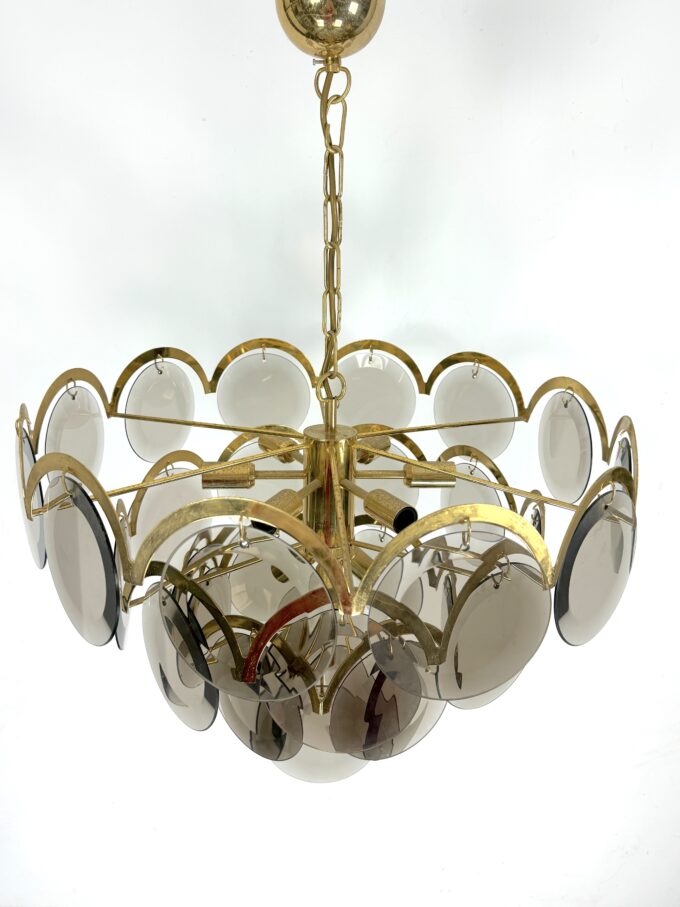 Large Vistosi Fumè Disc glass Chandelier from 70s
