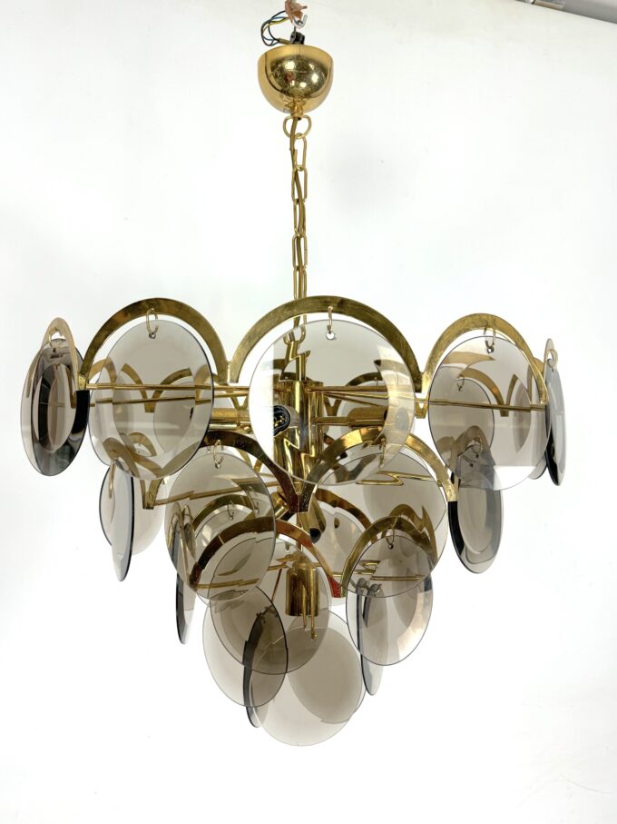 Large Vistosi Fumè Disc glass Chandelier from 70s