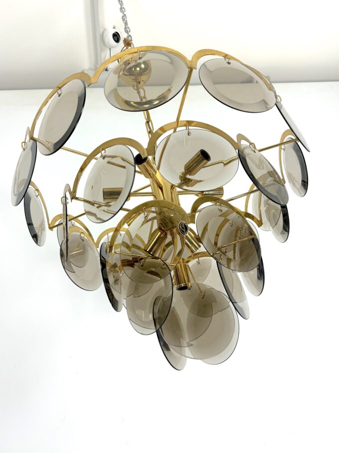 Large Vistosi Fumè Disc glass Chandelier from 70s