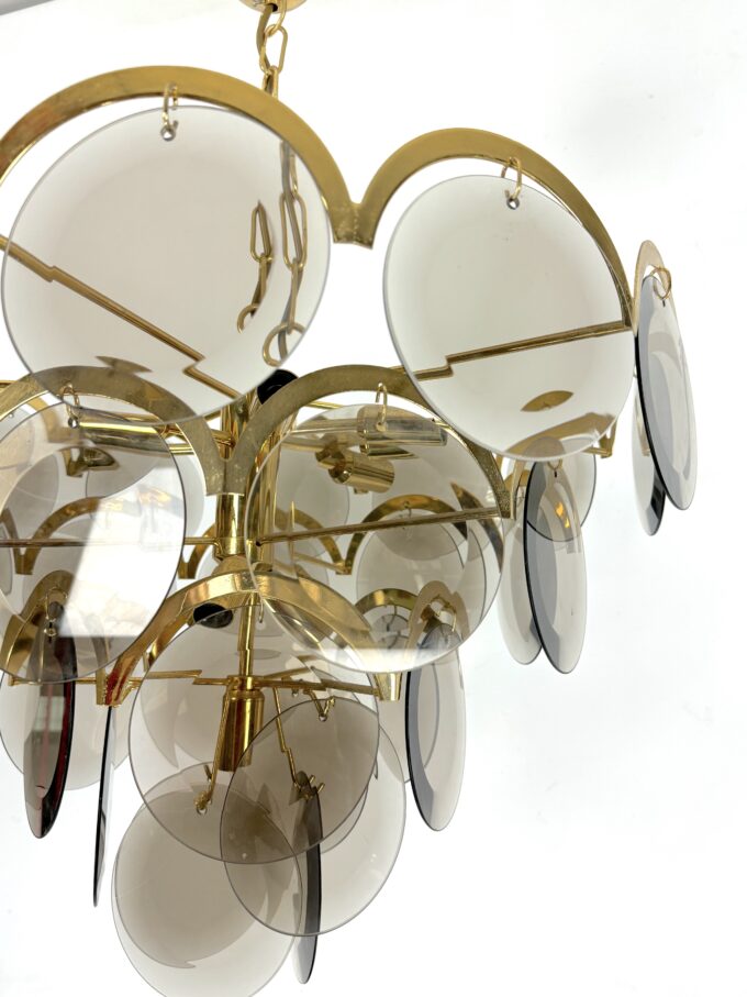 Large Vistosi Fumè Disc glass Chandelier from 70s