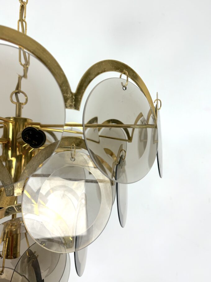 Large Vistosi Fumè Disc glass Chandelier from 70s