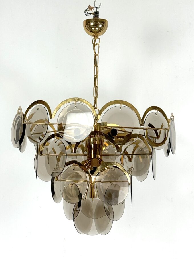 Large Vistosi Fumè Disc glass Chandelier from 70s