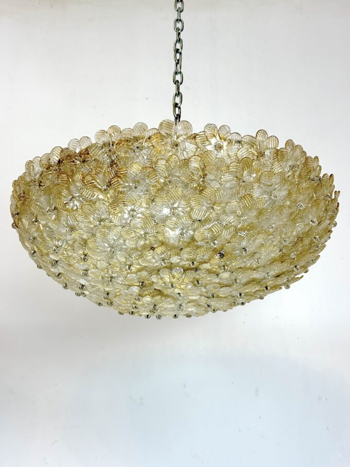 Seguso, pair od large Mid-century Gold Murano glass flowers ceiling lamps. Italy 1940s