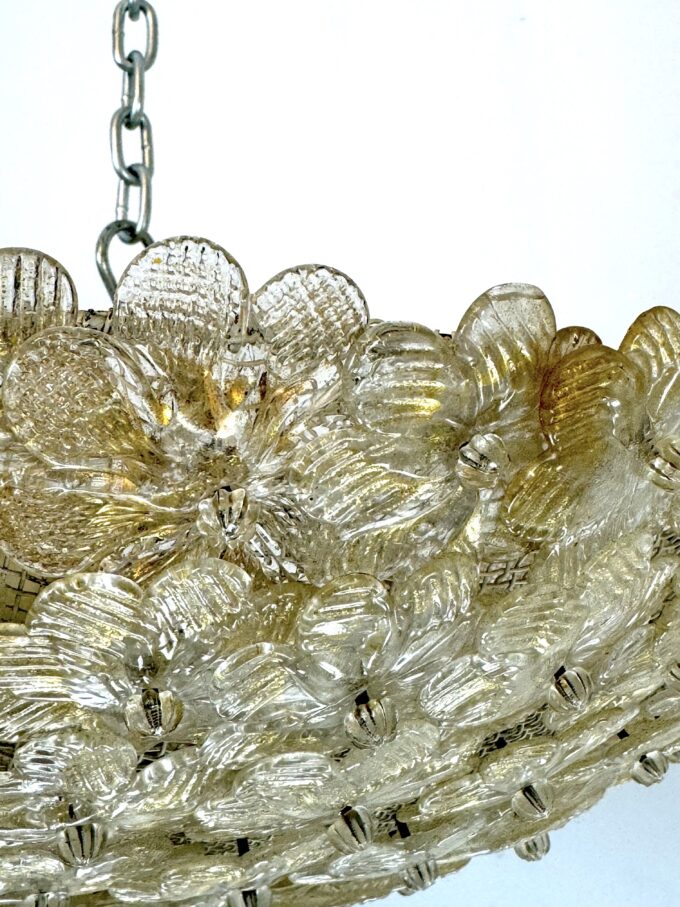Seguso, pair od large Mid-century Gold Murano glass flowers ceiling lamps. Italy 1940s