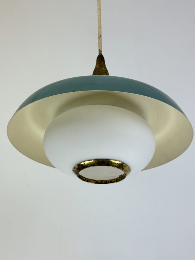 Stilnovo, MId-century brass, opaline glass and lacquer chandelier. Italy 1950s