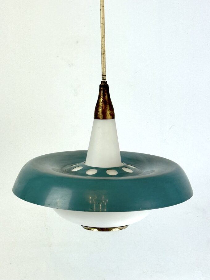 Stilnovo, MId-century brass, opaline glass and lacquer chandelier. Italy 1950s