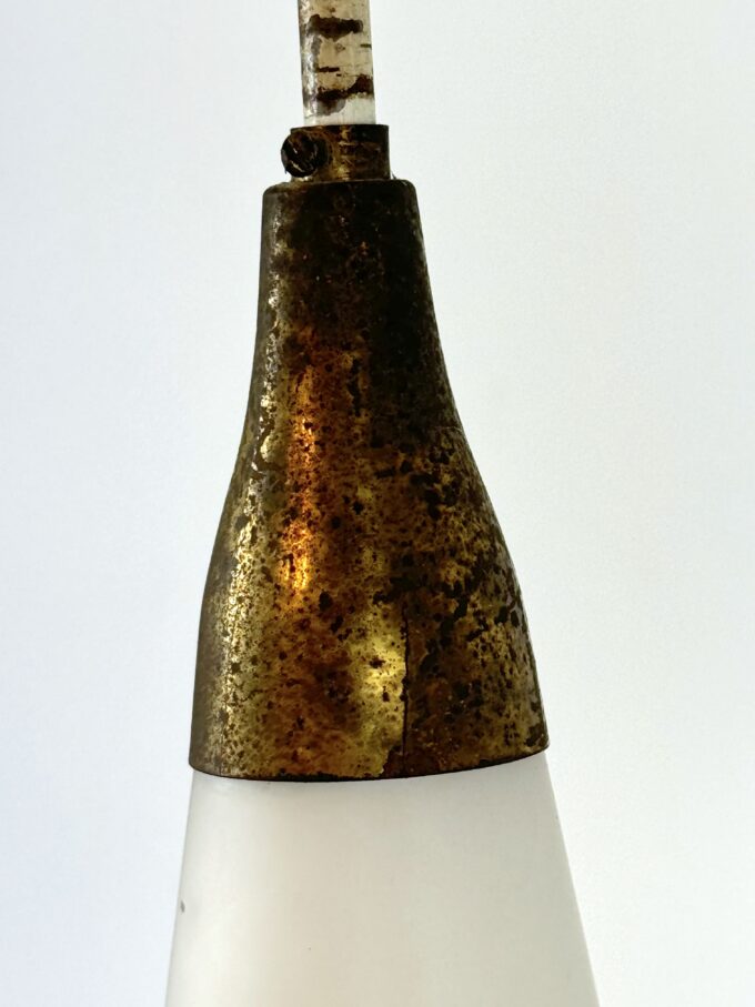 Stilnovo, MId-century brass, opaline glass and lacquer chandelier. Italy 1950s