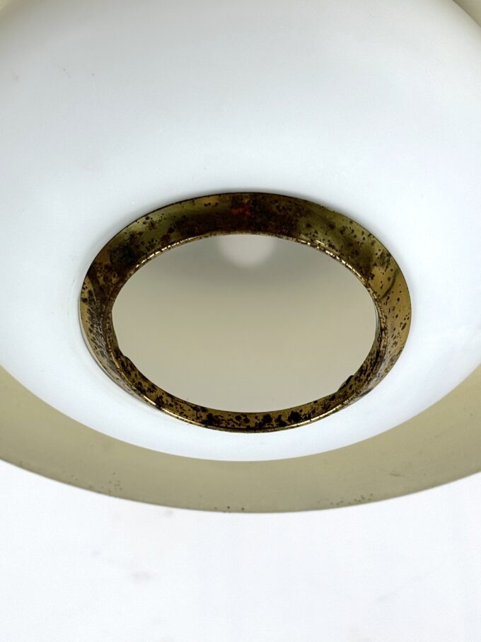Stilnovo, MId-century brass, opaline glass and lacquer chandelier. Italy 1950s