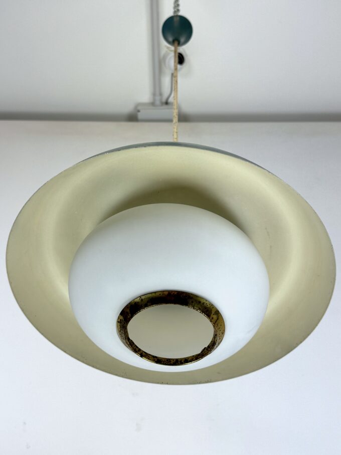 Stilnovo, MId-century brass, opaline glass and lacquer chandelier. Italy 1950s