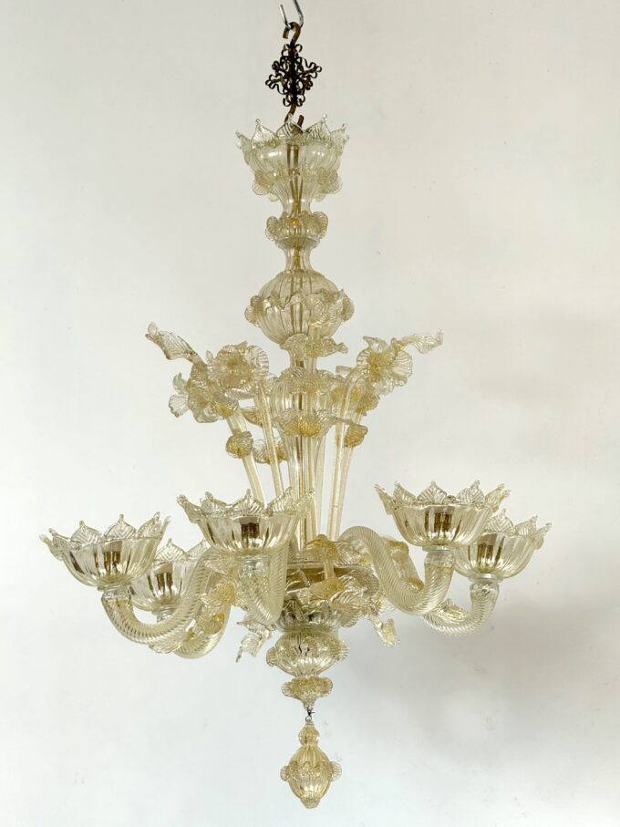 Pair of Italian murano gold dusted chandeliers from 50s.