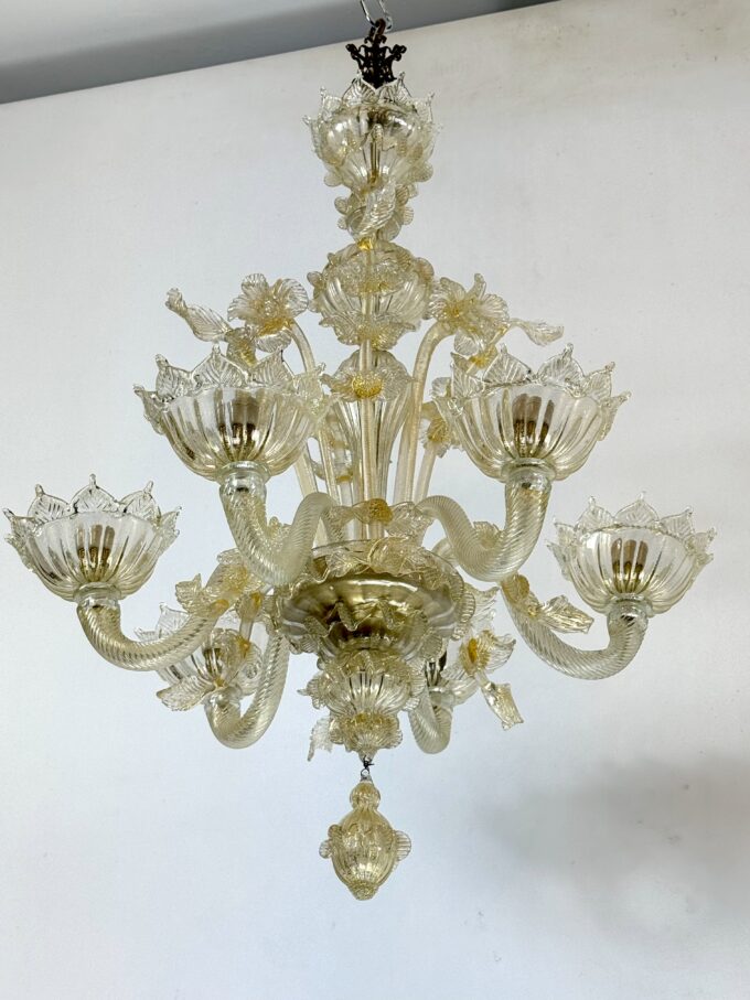 Pair of Italian murano gold dusted chandeliers from 50s.