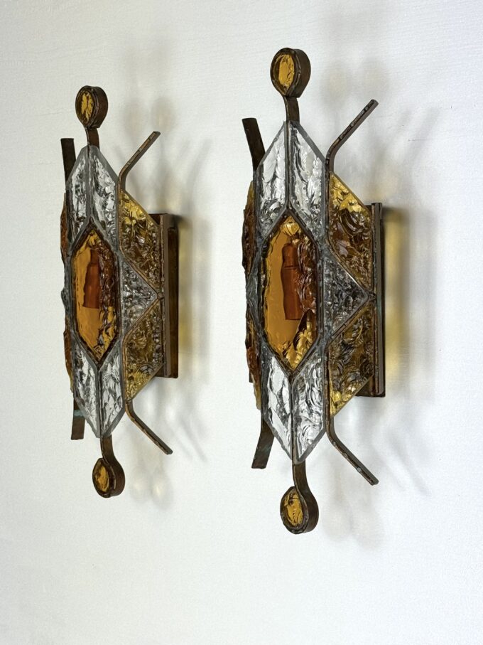 Pair of brutalist murano glass sconces by Poliarte. Italy 1970s.