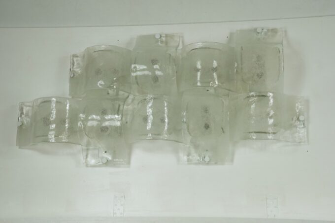 Rare Postmodern panel of 9 sconces in pulegoso murano glass, Mazzega 1970s
