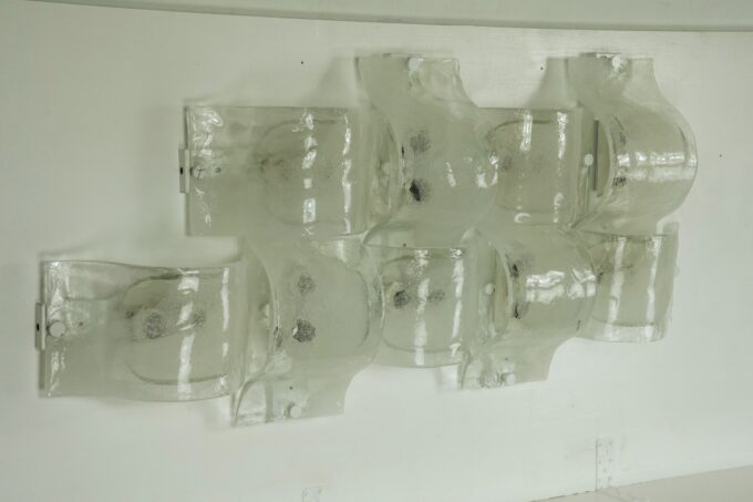 Rare Postmodern panel of 9 sconces in pulegoso murano glass, Mazzega 1970s