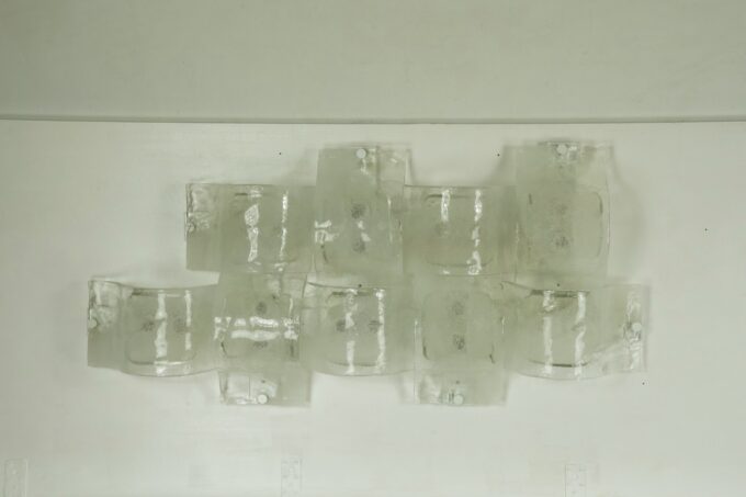 Rare Postmodern panel of 9 sconces in pulegoso murano glass, Mazzega 1970s