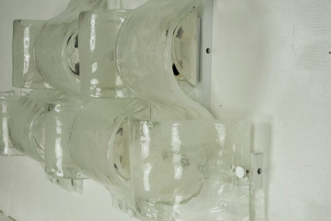 Rare Postmodern panel of 9 sconces in pulegoso murano glass, Mazzega 1970s