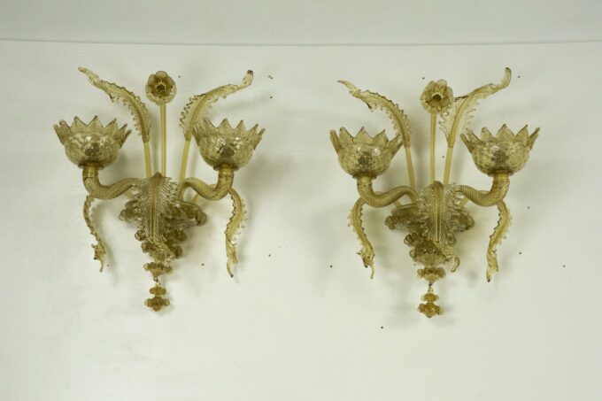 Mid-Century pair of amber Murano glass sconces from 40s
