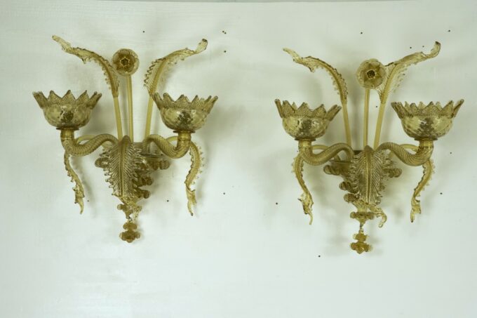 Mid-Century pair of amber Murano glass sconces from 40s