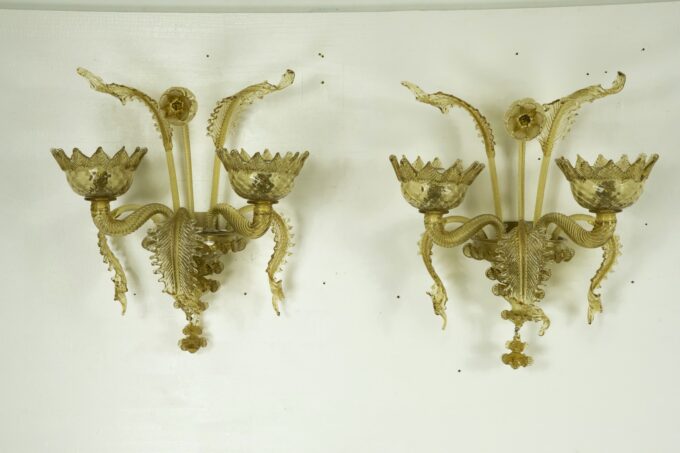 Mid-Century pair of amber Murano glass sconces from 40s