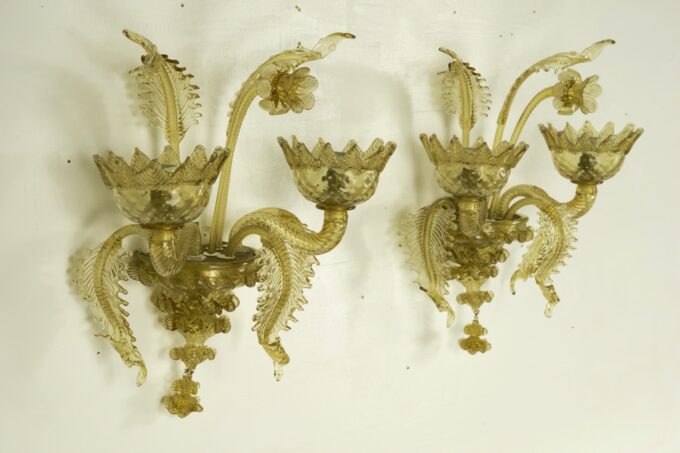 Mid-Century pair of amber Murano glass sconces from 40s