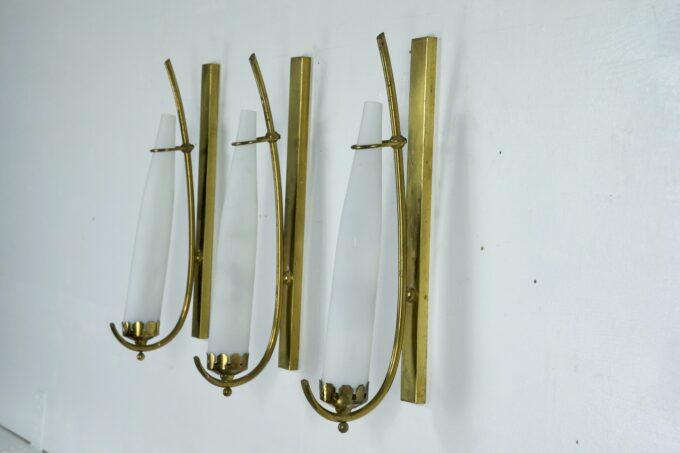 Set of three sconces in brass and triplex opaline glass in Arredoluce manner. Italy 1950s