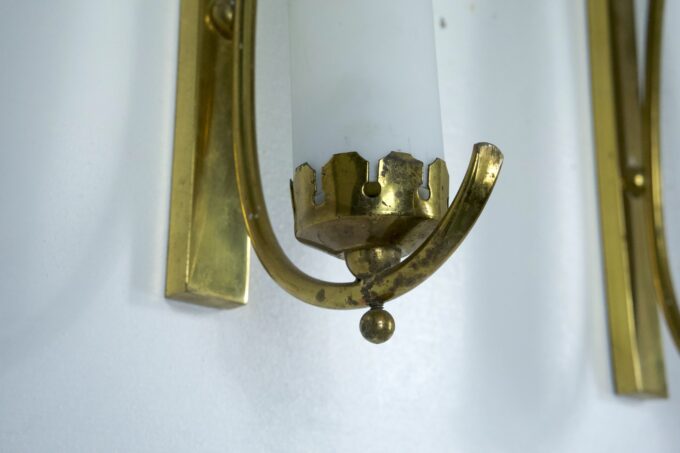 Set of three sconces in brass and triplex opaline glass in Arredoluce manner. Italy 1950s