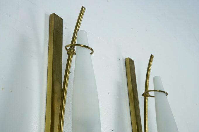Set of three sconces in brass and triplex opaline glass in Arredoluce manner. Italy 1950s