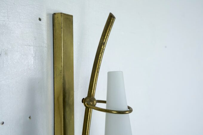Set of three sconces in brass and triplex opaline glass in Arredoluce manner. Italy 1950s