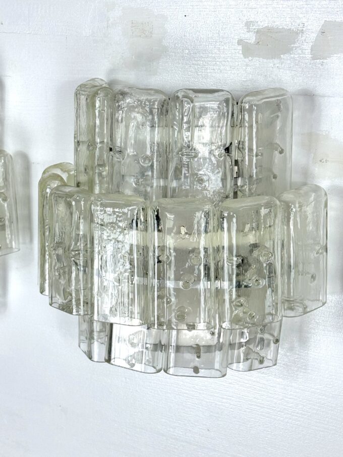 Vistosi manner, set of four large clear murano glass elements sconces. Italy 1970s