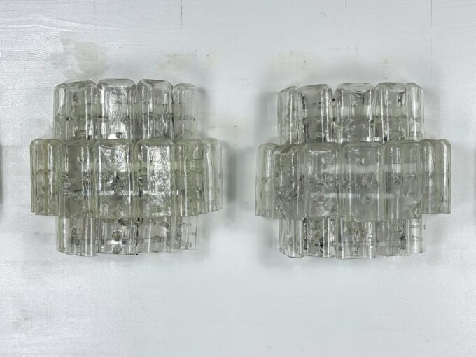 Vistosi manner, set of four large clear murano glass elements sconces. Italy 1970s