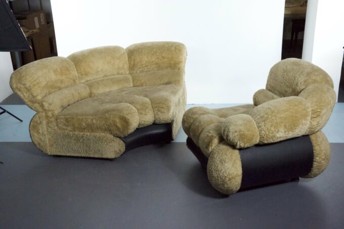 Space Age Modular Sofa by Adriano Piazzesi, Cream Teddy Bear & Leatherette, 1970s Italy