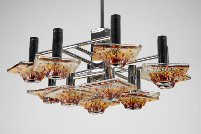 12-light Mazzega chandelier in amber and clear murano glass and chrome. Italy 1970s
