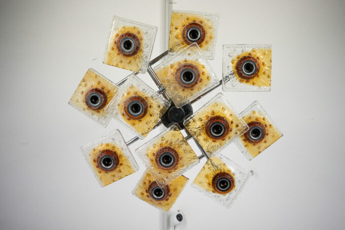 12-light Mazzega chandelier in amber and clear murano glass and chrome. Italy 1970s