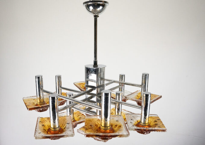 12-light Mazzega chandelier in amber and clear murano glass and chrome. Italy 1970s