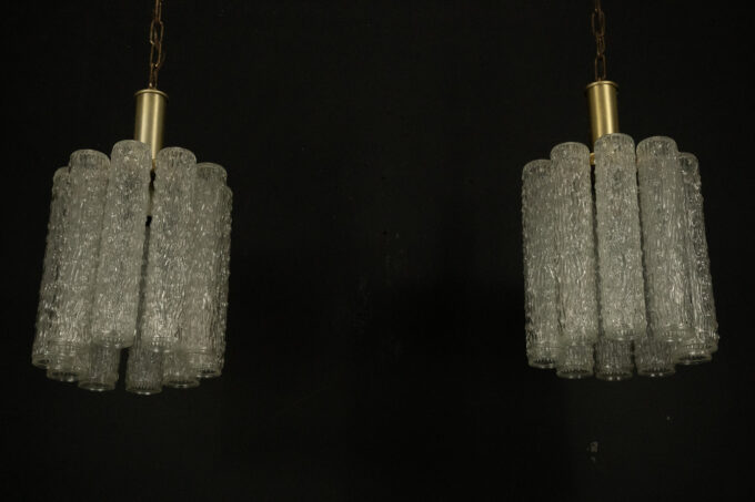 Pair of murano glass and brass chandeliers in the style of Toni Zuccheri. Italy 1970s